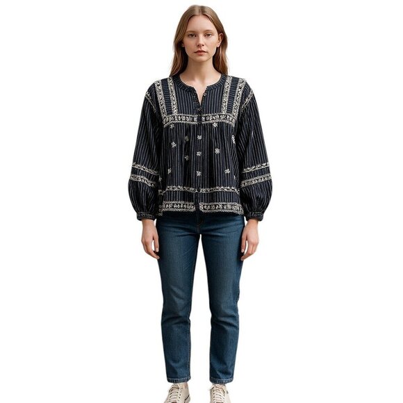 Free People All Roads Lead to You Embroidered Top Blouse Shirt Blue White Small - Picture 1 of 5